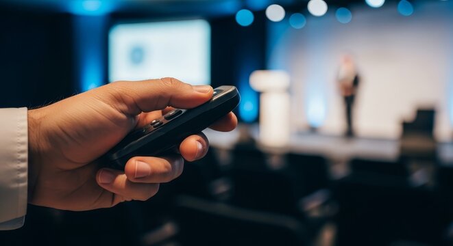 Close up of a hand holding a wireless presentation clicker during a conference event with blurred stage and audience in background