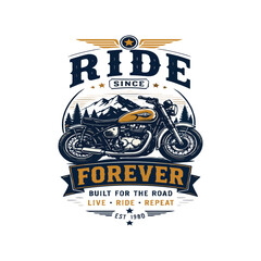 Fototapeta premium t-shirt graphic with classic motorcycle silhouette and bold typography saying “ Ride Forever”, clean printable vector artwork, high contrast flat colors, white background, no