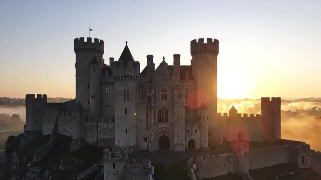 A historic castle stands on a hill at sunrise with towers and battlements