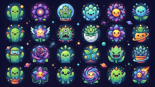 Funny Alien Plant Icons, Space Cactus Creatures and Galaxy Flower Monsters Kawaii Sci Fi Vector Collection