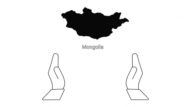 Mongolia map outline with open hands below, symbolizing support and care.