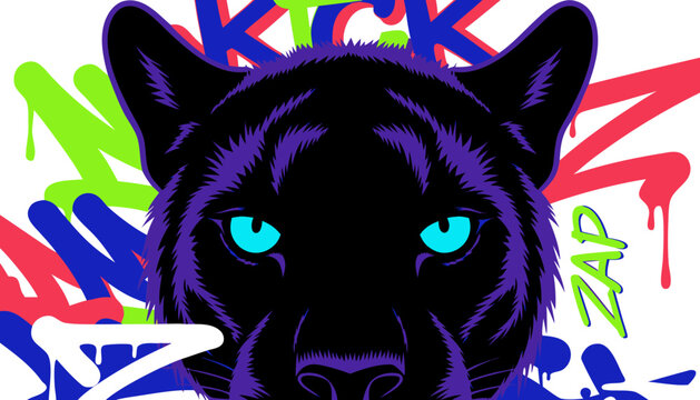 Close-up neon black panther with glowing cyan eyes and electric purple fur highlights, graffiti paint splashes, vivid multicolor typography in red, blue, and neon green, isolated on a pure white backg