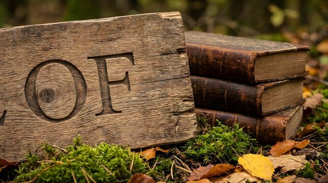 Weathered wooden sign featuring the carved letters of alongside a stack of antique leather bound books resting peacefully upon the damp mossy forest floor outdoors