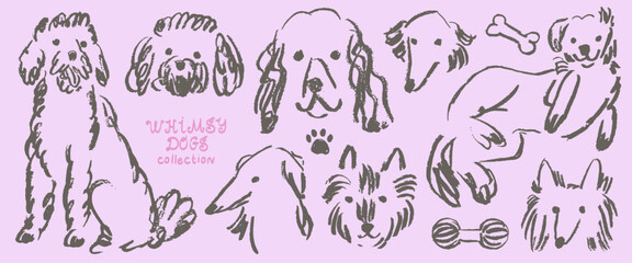 Fototapeta premium Scribble chalk, charcoal or pencil style dogs drawing. Hand drawn puppy sketches. Wax crayon grunge funny whimsical cute illustrations for t-shirt print, placard, poster or isolated doodle stickers.