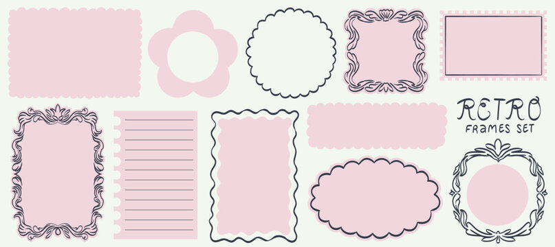 Collection of hand drawn round, oval, rectangle and square frame shapes. Baroque or Victorian style border forms for wedding menu invitation cards, stickers, labels, banners and creative layouts.