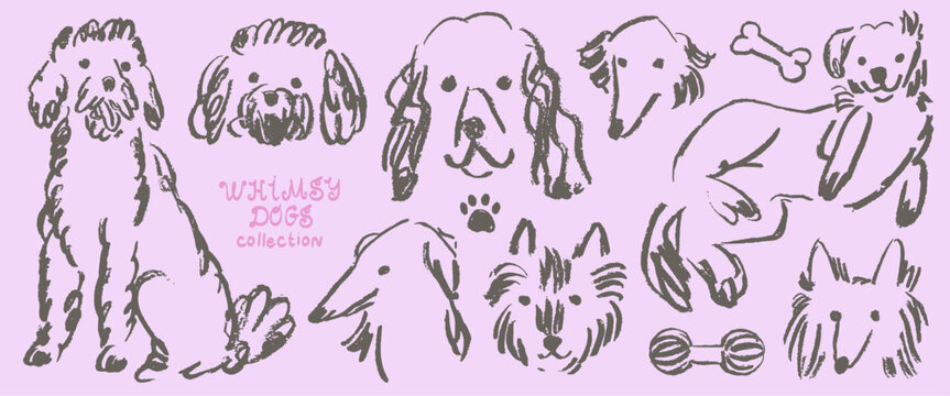 Scribble chalk, charcoal or pencil style dogs drawing. Hand drawn puppy sketches. Wax crayon grunge funny whimsical cute illustrations for t-shirt print, placard, poster or isolated doodle stickers.