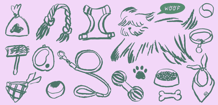 Dogs care doodle icon set. Hand drawn charcoal vector pet accessorizes illustration collection. Veterinary grooming vignetting elements, happy domestic friends shop decorative design. Dog love doodle.