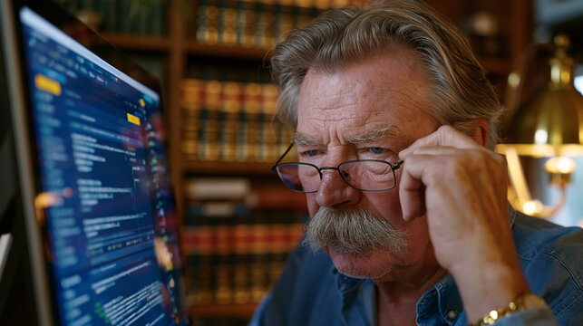 Elderly retired judge consults AI sentencing guidelines reference tool on desktop computer in home study, bookshelves lined with outdated penal codes behind him, afternoon golden hour light warming 