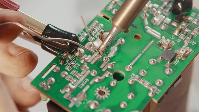 Soldering a single leg of a through-hole component close-up