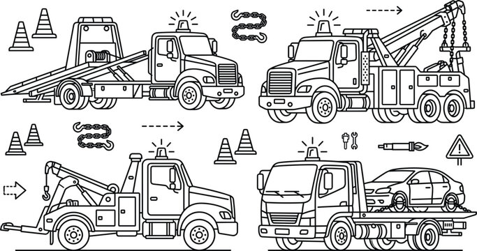 Tow truck roadside assistance line icon vector set with flatbed carrier wrecker vehicle recovery cones on white background