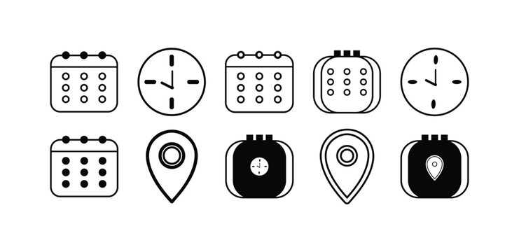 Black and white of various clocks, timers, and hourglasses sand timer stopwatch