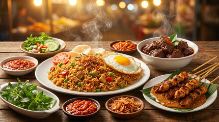Obraz premium Delicious Indonesian Traditional Food Spread with Nasi Goreng Satay and Rendang