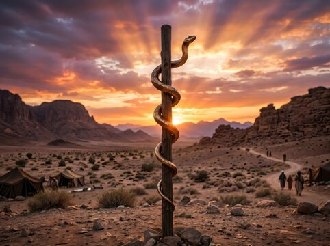Bronze serpent pole healing in desert landscape