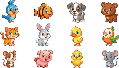 Obraz premium Cute Cartoon Baby Animals Collection — 12 Adorable Characters Clipart Set