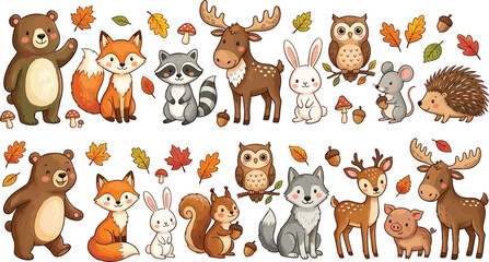 Obraz premium Cute Cartoon Woodland Animals Vector Set with Autumn Leaves for Children Books Educational Materials and Greeting Card Designs