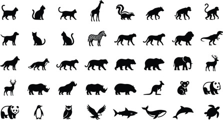 Fototapeta premium Black Animal Silhouette Vector Icon Set Featuring Wild Safari Zoo Domestic Pets and Marine Life Creatures for Logo Graphic Designs