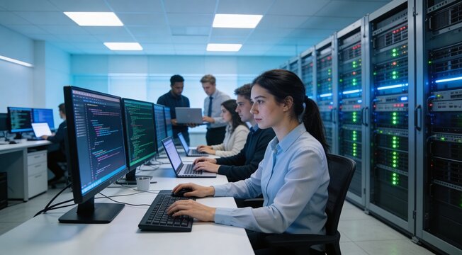 Smart woman programmer developing software in tech workspace