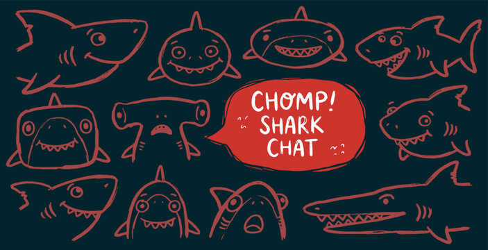A collection of cute, hand-drawn shark illustrations with different expressions and a speech bubble saying 'Chomp! Shark Chat'.