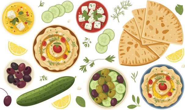 Healthy mediterranean food set with hummus pita bread salad olives and cucumbers cucumber mediterranean vegetable nutrition appetizer vegetarian homemade ingredient delicious culinary