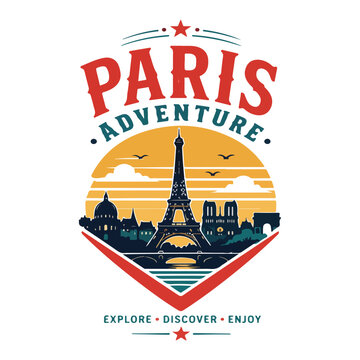 Paris Adventure typography t-shirt design, retro curved font, city silhouette with geometric shapes, flat red teal yellow colors, white background
