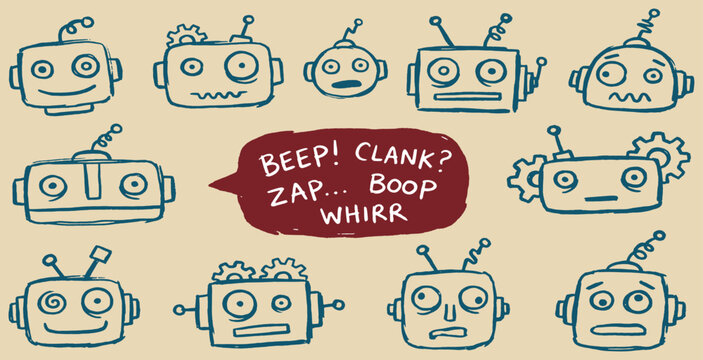Collection of hand-drawn cartoon robot heads with various expressions and sound effects.