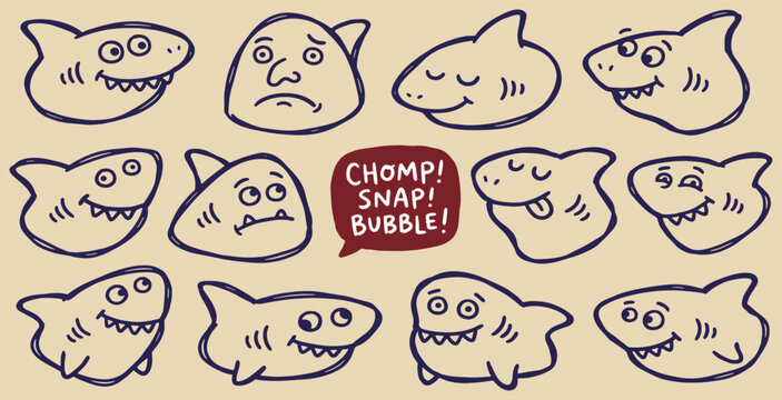Collection of cute cartoon shark faces with different expressions and the words Chomp, Snap, Bubble.