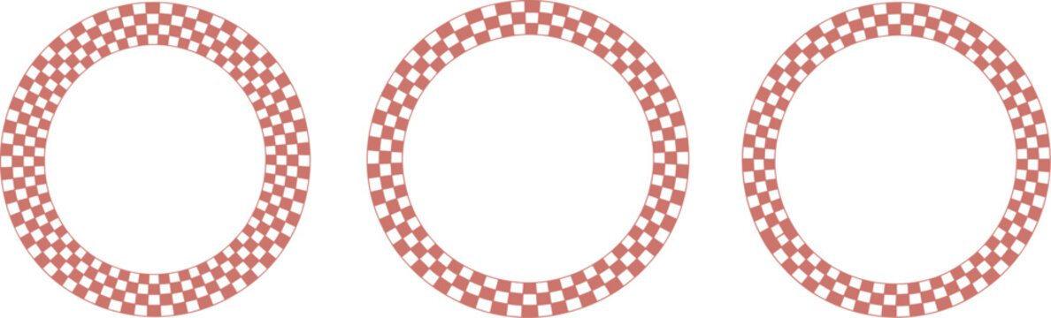 Circle checker frames, round checkered borders with racing flag pattern for start and finish concepts, geometric warped grid rings and radial mosaic vector set, dynamic motorsport design 