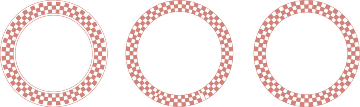 Circle checker frames, vector collection of round racing flag borders, warped geometric grid rings and radial mosaic patterns, dynamic start and finish line design elements for motorsport branding, 