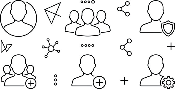 User account icons set with avatar people group shield protection gear settings plus network share line vector illustration
