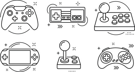 Video game controllers outline icon set with retro joystick gamepad handheld console and arcade buttons vector design illustration © MDSAIFUL