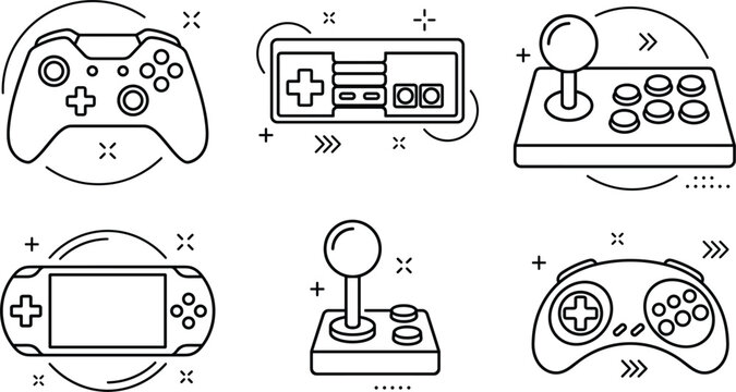 Video game controllers outline icon set with retro joystick gamepad handheld console and arcade buttons vector design illustration