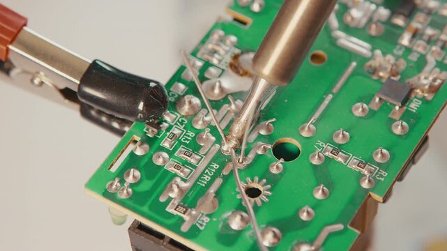Soldering two legs of a through-hole component close-up