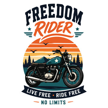 Freedom Rider motorcycle t-shirt design, bold curved typography, vintage bike with sunset stripe background, flat orange navy teal palette
