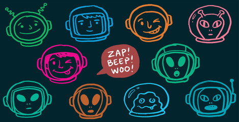 Collection of cartoon astronauts and aliens in helmets with funny expressions and sound effects. © Riki