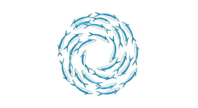Blue school of fish swimming together in a circular formation creating a strong sense of movement and unity in the water.