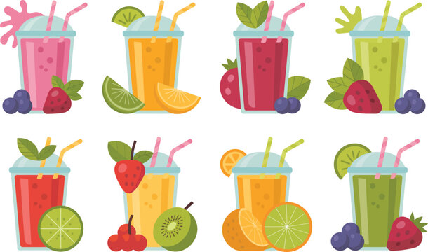 Set of assorted fruit smoothies and colorful fresh juice drinks in plastic cups with straws and fruit garnishes smoothie beverage refreshing assorted collection strawberry colorful isolated