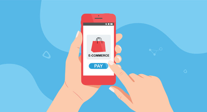 Person holding mobile phone using e-commerce application with shopping bag and pay button on blue background.