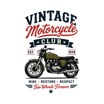 Vintage Motorcycle Club typography design, bold serif font with handwritten accent, classic bike illustration, flat solid colors, white background

