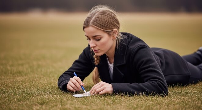Young Woman Writing Notes While Lying On Grass In A Quiet Outdoor Field