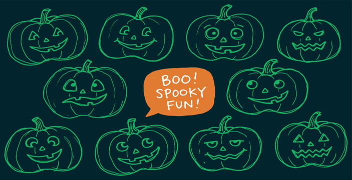 A collection of hand-drawn Halloween pumpkins with various spooky and fun carved faces, set against a dark background with a speech bubble saying 'BOO! SPOOKY FUN!'.