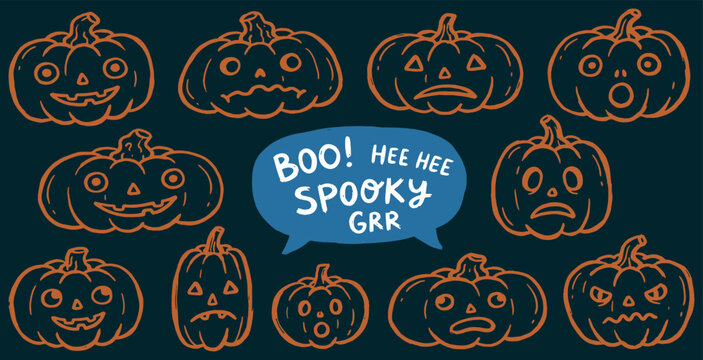 Collection of Halloween pumpkins with various carved faces and expressions, including the word 'Boo!'.