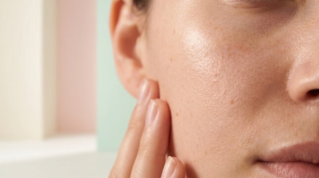 Smooth skin refined pore healthy complexion natural texture glowing cheek close up hydrated clear youthful beauty face skincare
