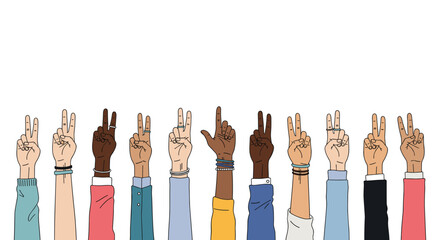 Fototapeta premium Diverse group of hands with different skin tones are raised showing the peace sign to promote unity, diversity, and global harmony messages.