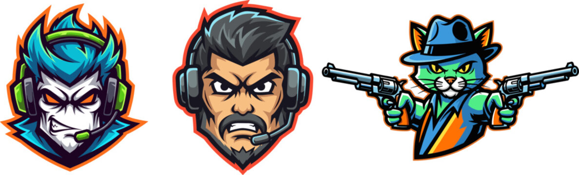 Cartoon character heads with headsets and weapons vector illustration