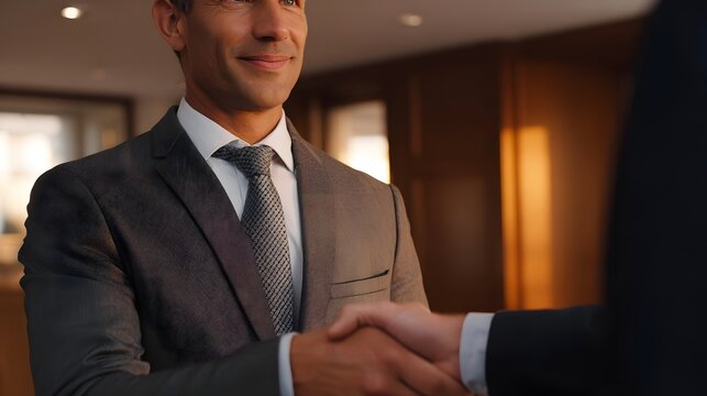 A smiling professional man shakes hands during a corporate meeting symbolizing a successful business deal and strong partnership