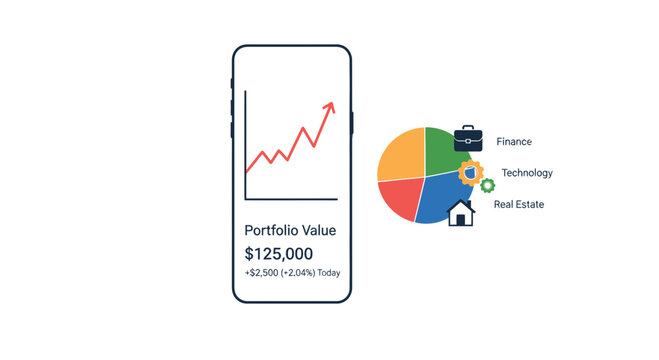 Mobile Investment Portfolio Growth Chart and Diversification Pie Chart