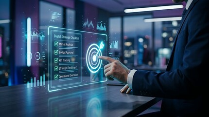 Fototapeta premium Businessman Pointing at Holographic Digital Strategic Checklist and Target Bullseye for Corporate Goal Achievement