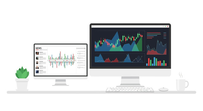 Desktop computer screens showing stock market data charts and analytics