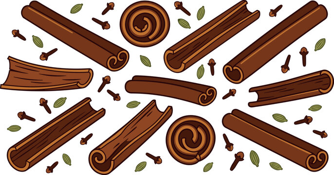 Aromatic Cinnamon Sticks and Baking Spices Vector Set with Whole Cloves and Cardamom Pods for Christmas Culinary Recipes and Kitchen Designs