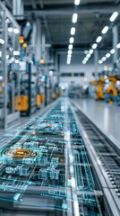 Naklejka premium Medium shot of an assembly line digital twin dashboard with interactive 3D visuals tracking component fitting and quality control in a hightech production facility.